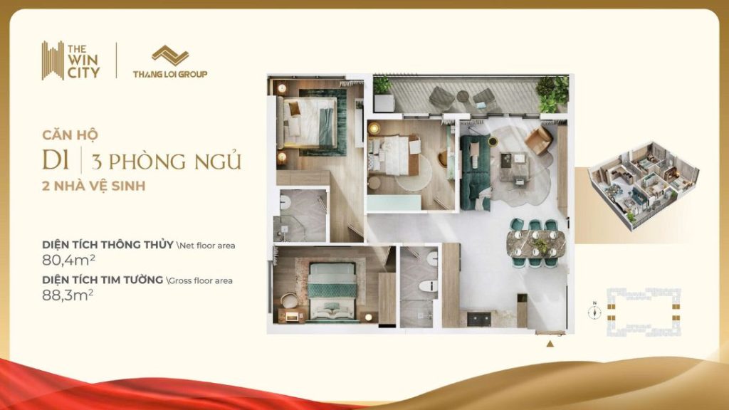 Layout Căn Hộ D1 The Win City (3PN, 2WC) - 88.3m2