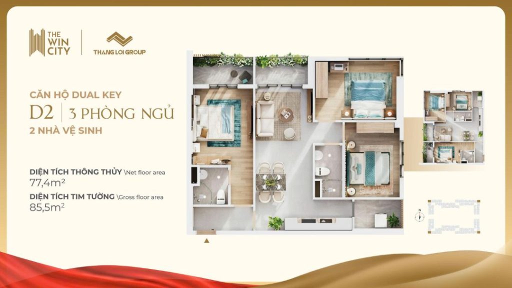 Layout Căn Hộ D2 The Win City (3PN, 2WC) - 85.5m2