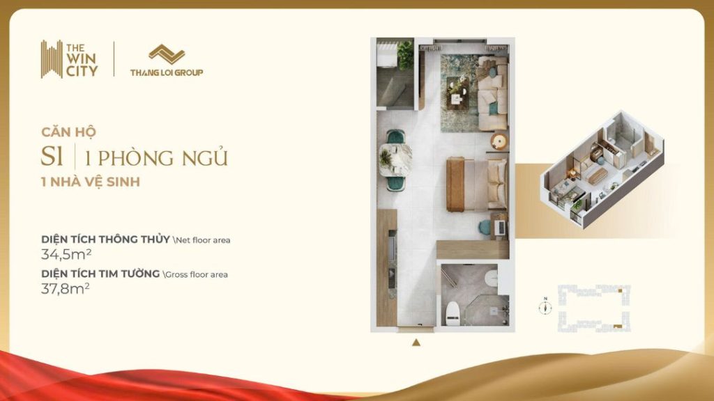 Layout Căn Hộ S1 The Win City (1PN, 1WC) - 37.8m2